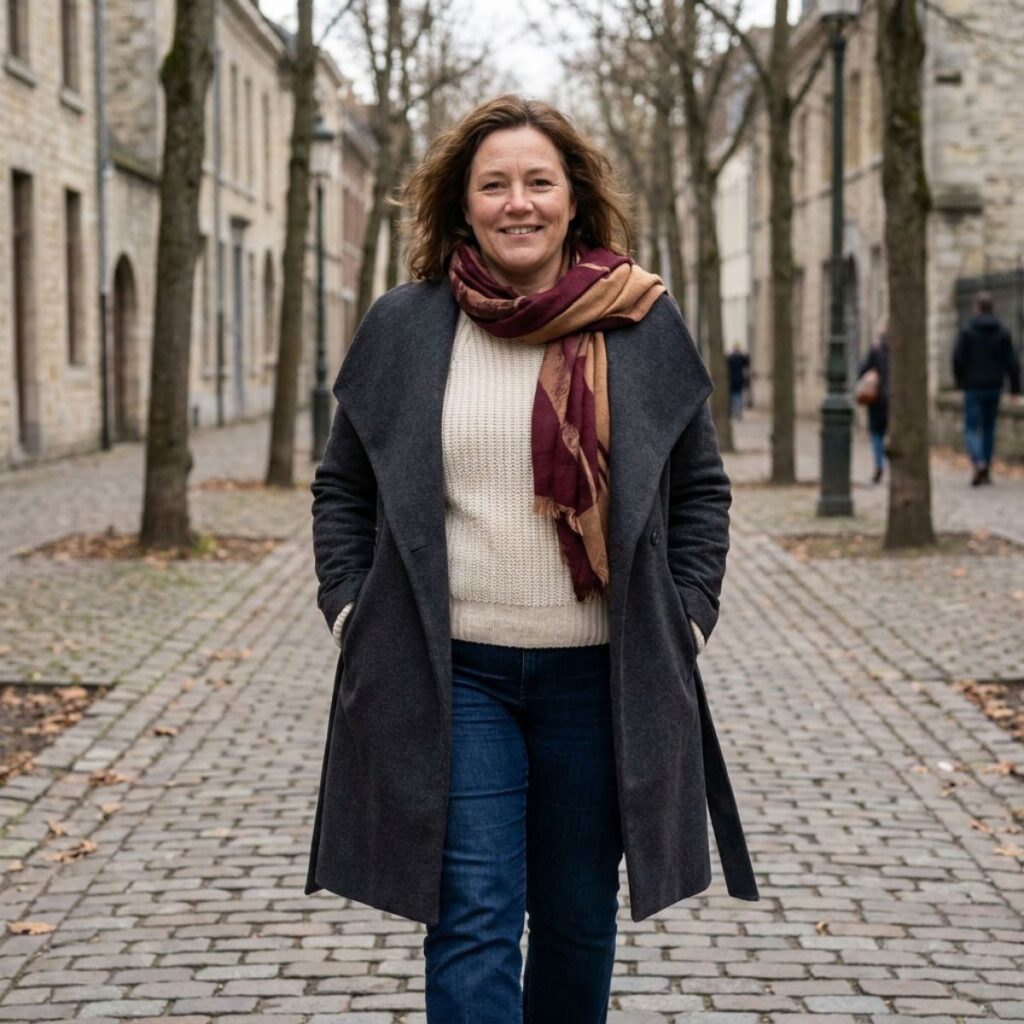Woman in long coat and scarf walking on cobblestone street

