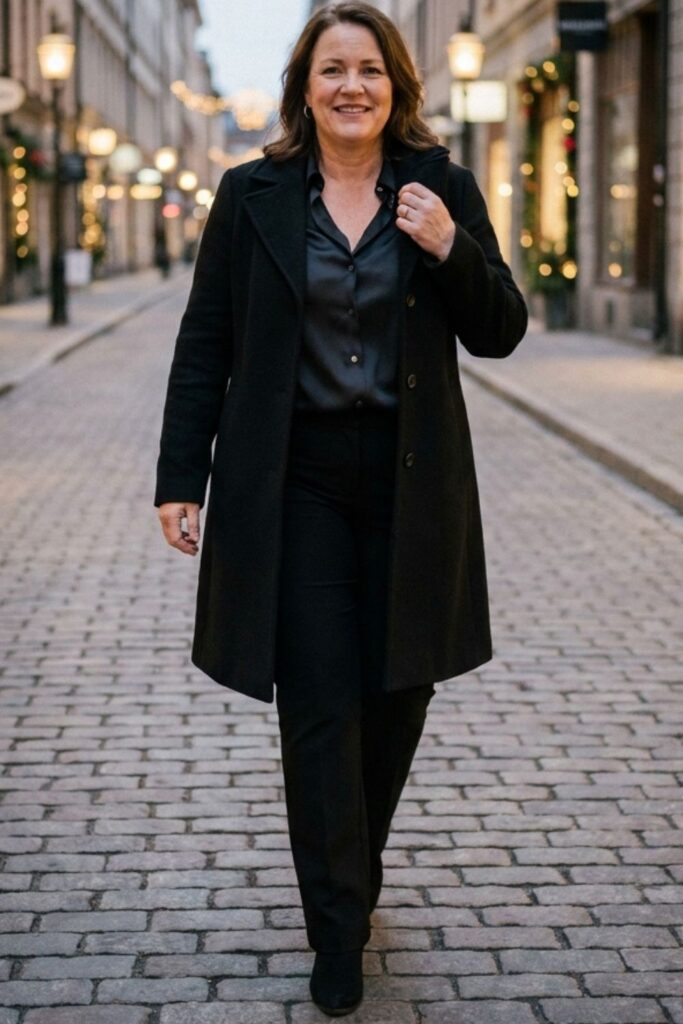 Woman in black coat walking on evening city street