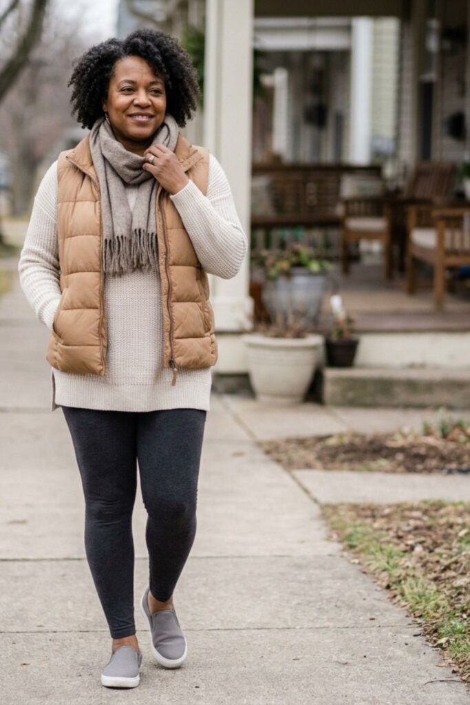 Woman in puffer vest and scarf walking on sidewalk
