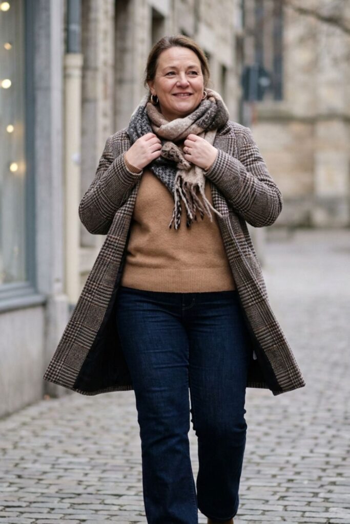 Woman in plaid coat and scarf walking on cobblestone street