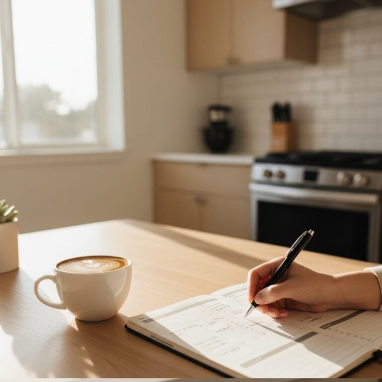 Open daily planner with handwritten notes and a pen next to a mug and a plant by a sunny window