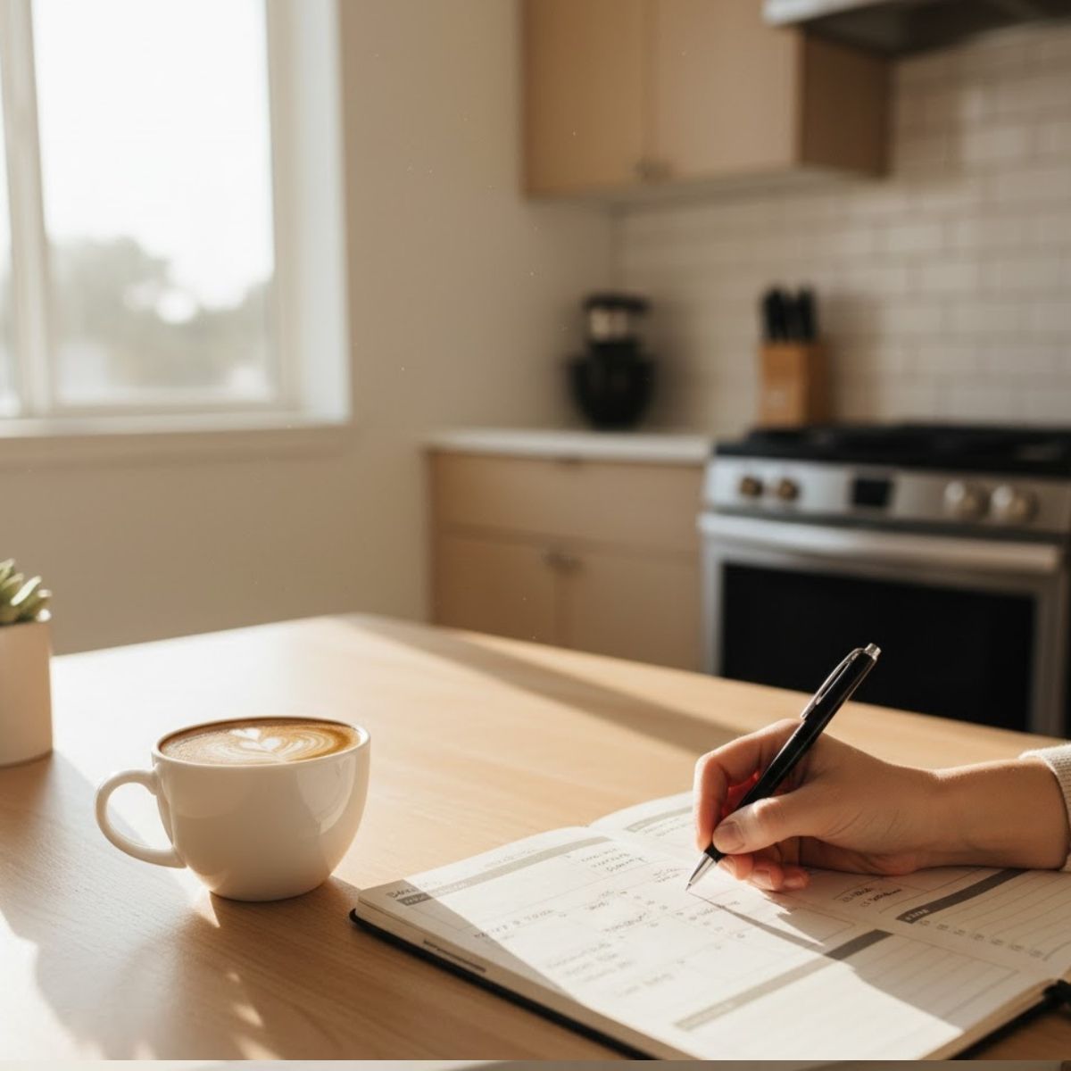 Open daily planner with handwritten notes and a pen next to a mug and a plant by a sunny window