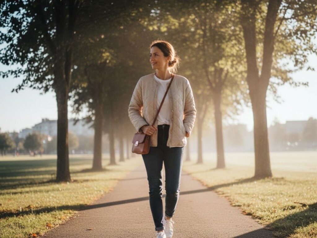 Woman walking down a sunny park path.