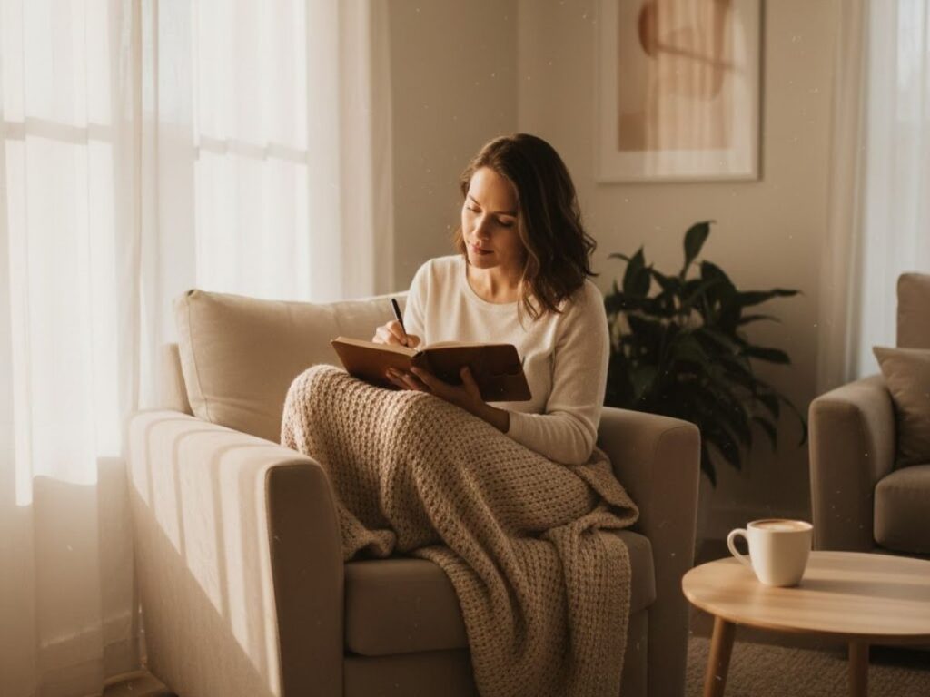 Woman journaling in a sunlit armchair.