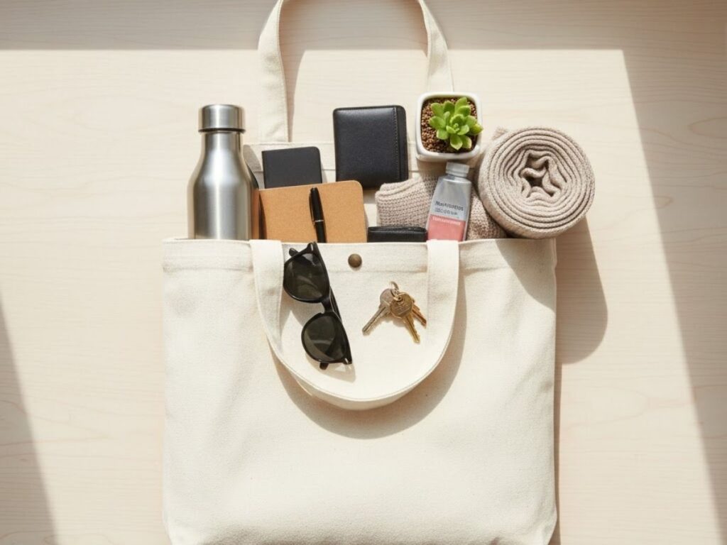 A tote bag filled with everyday items.