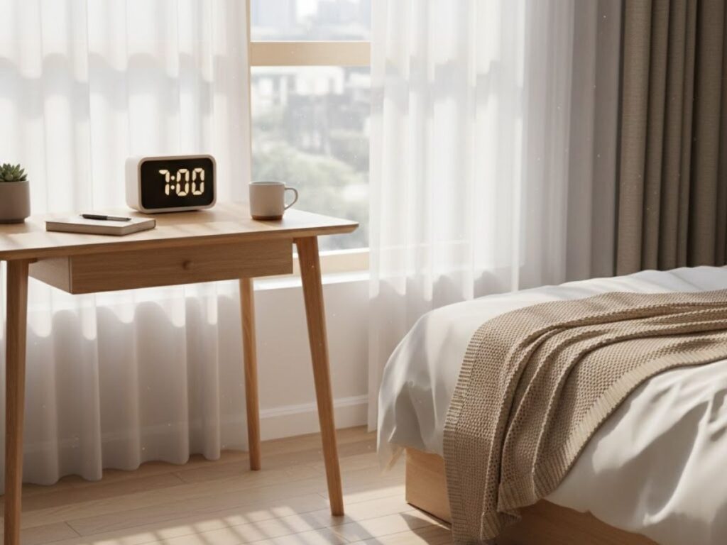 Sunny bedroom with wooden desk and clock reading 7:00