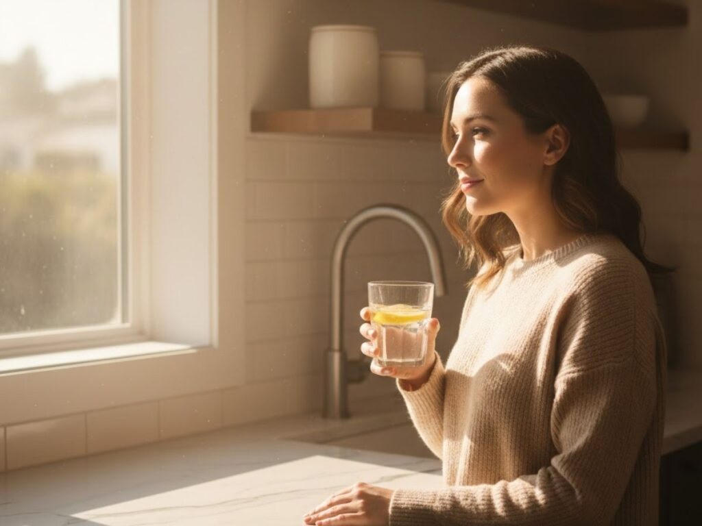 Woman in a light sweater standing by a sunny kitchen window, holding a glass of water with lemon and looking outside.