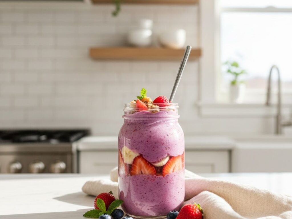 A vibrant, layered smoothie in a glass jar, topped with granola and fruit, sitting on a white kitchen counter.