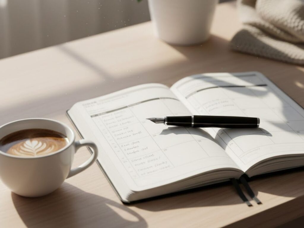 Open planner or calendar with a fountain pen on a wooden desk next to a cup of coffee with latte art, and a potted plant in the background, bathed in natural sunlight.