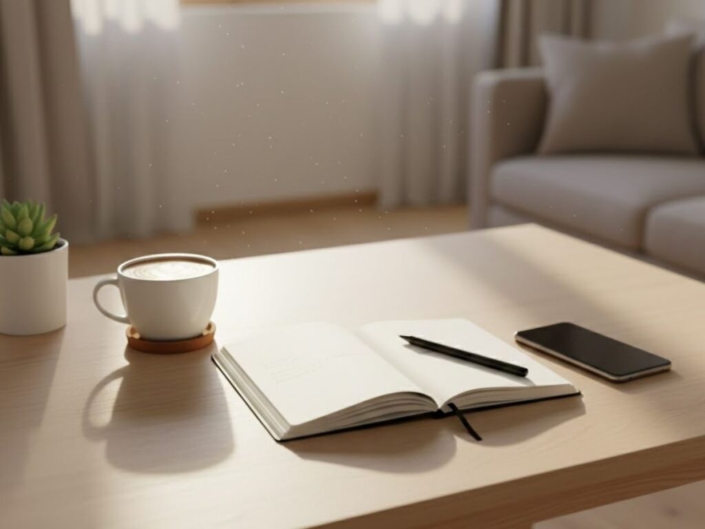 An open notebook and pencil next to a coffee cup and a smartphone on a light wooden table, suggesting a morning journaling or planning session in a soft, sunlit room