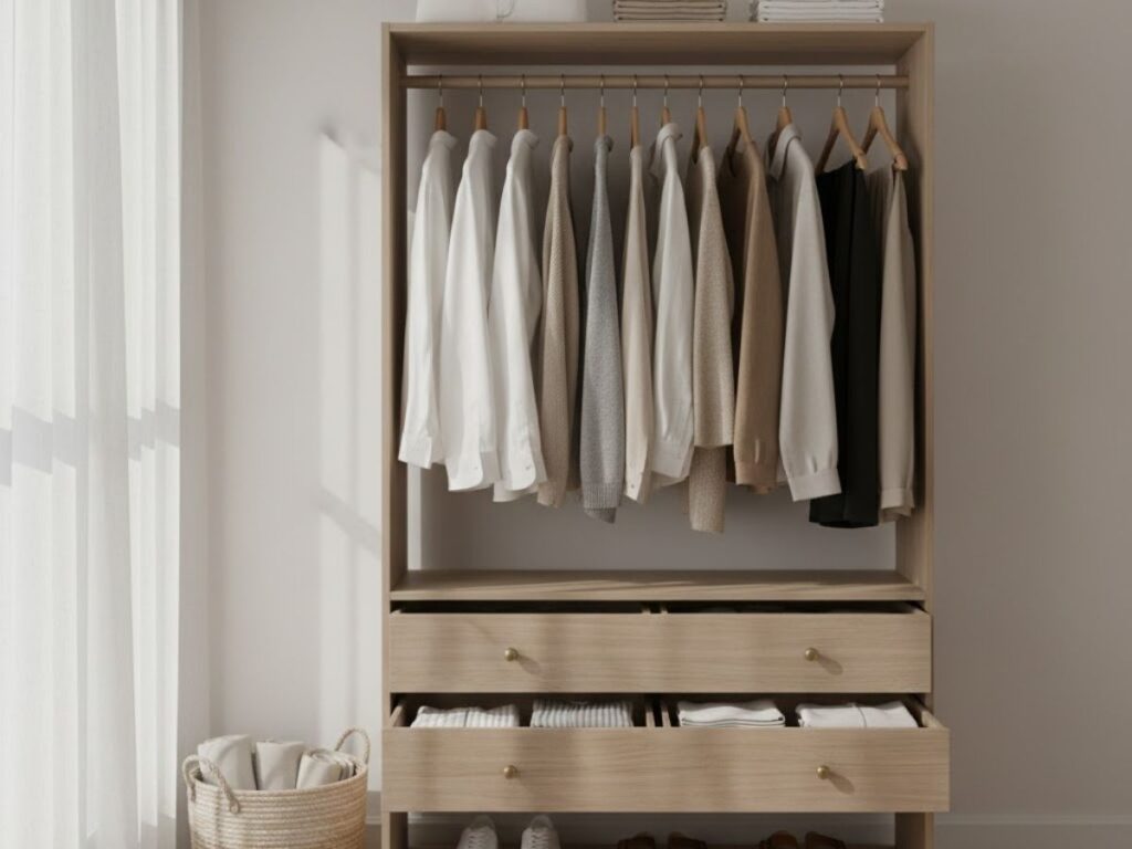Minimalist open wooden closet/wardrobe filled with neutral-colored clothes (whites, beiges, browns, blacks) on hangers, with folded clothes on shelves, and shoes and a woven basket on the floor.