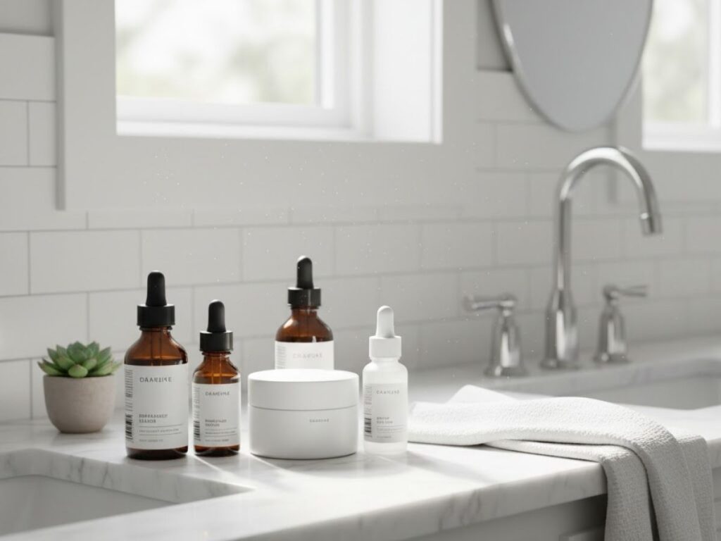 Assortment of skincare products (dropper bottles and a jar) on a white marble sink countertop in a brightly lit bathroom with white subway tile.