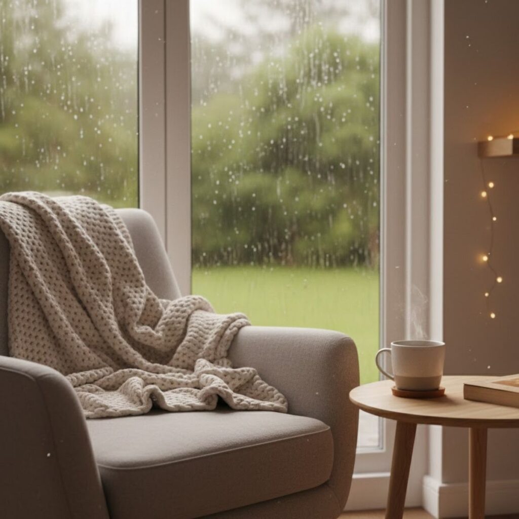 A gray armchair with a chunky knit blanket next to a side table holding a steaming mug and a book, set against a window on a rainy day