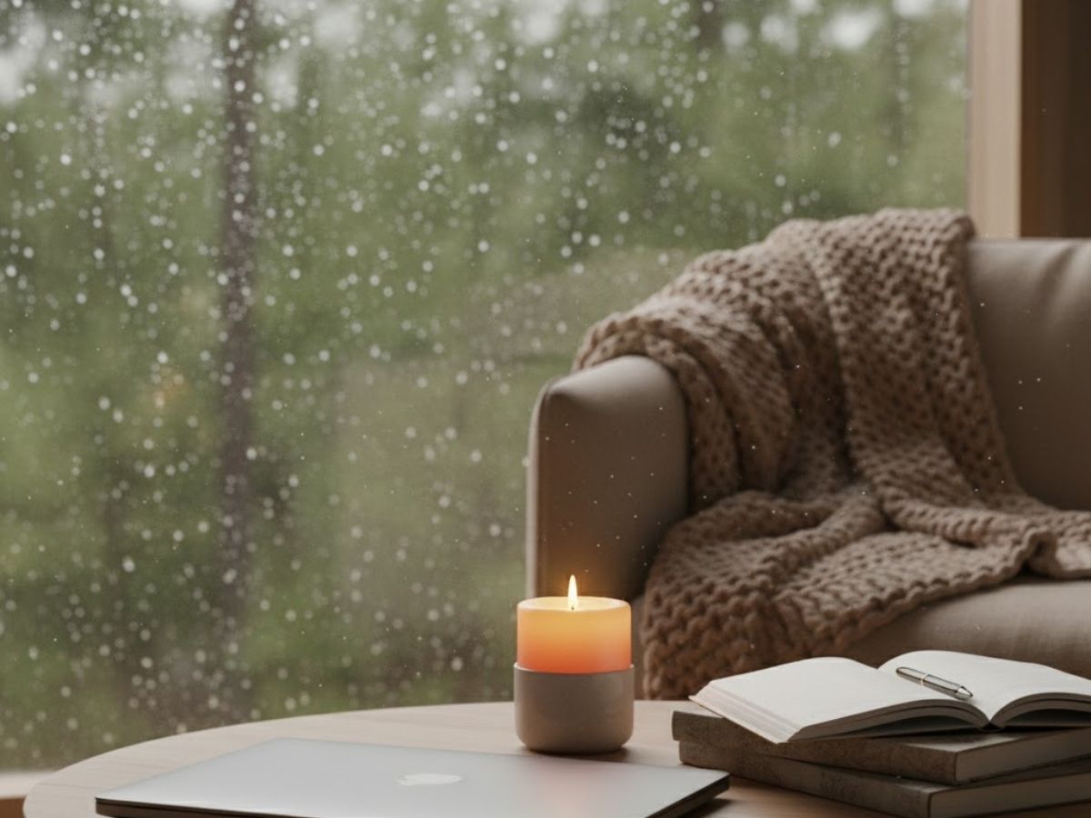 A laptop, open notebook, and lit candle on a coffee table by a rainy window.