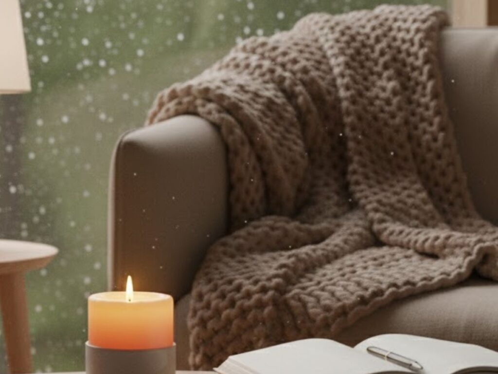Close-up of a lit candle and open notebook on a table, with a chunky knit blanket draped over a chair in the background.