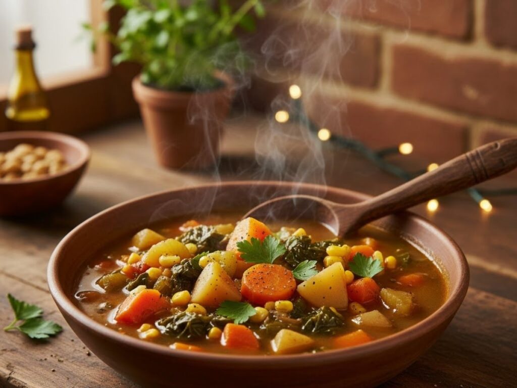 A steaming ceramic bowl of vegetable soup with carrots, potatoes, and kale on a rustic wooden surface with a wooden spoon