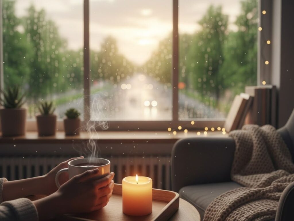 Hands holding a steaming mug on a tray with a lit candle, set against a window at dusk