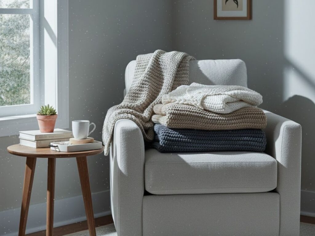 Stack of knit blankets on a white armchair next to a side table with tea and books