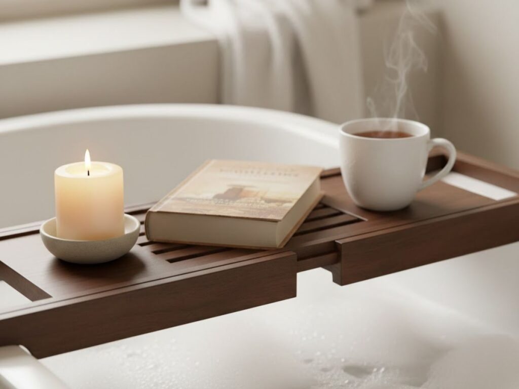 A lit candle, a book, and a steaming mug resting on a wooden bathtub tray