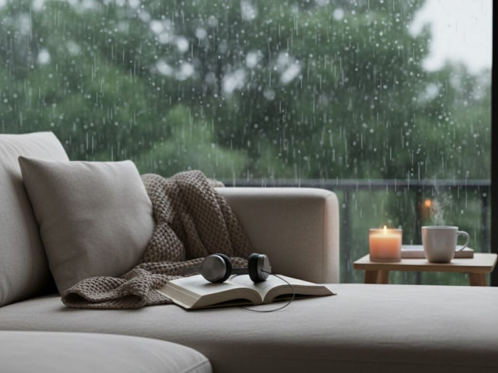 An open book and headphones on a neutral sofa overlooking a rainy window.