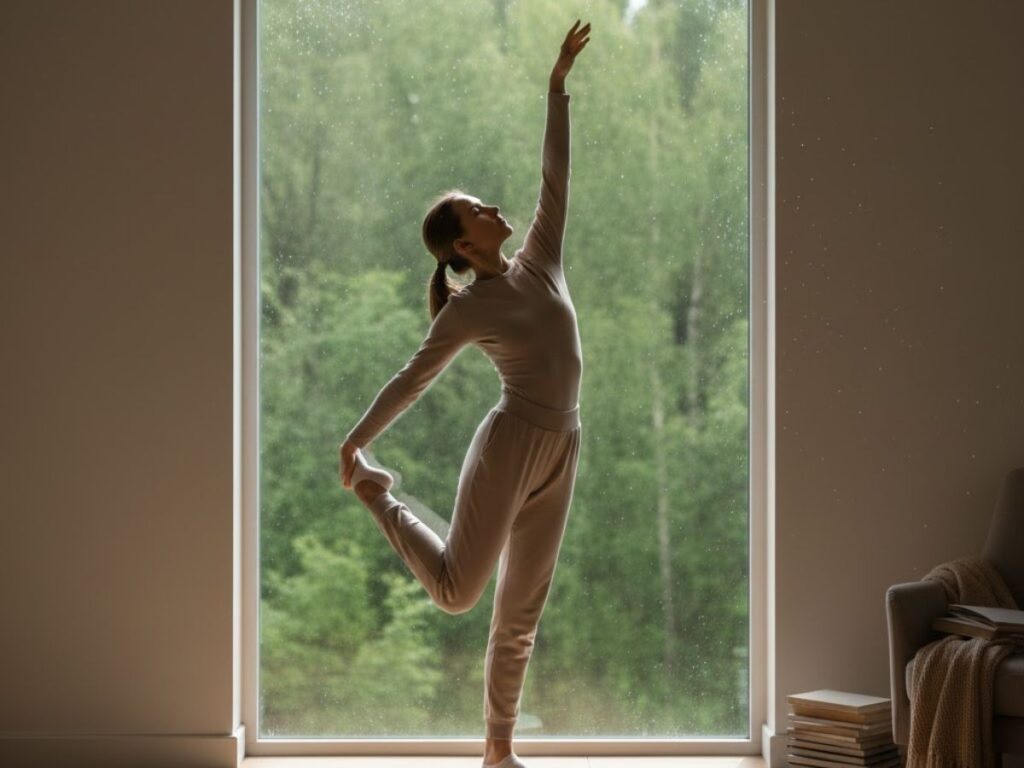 Woman in loungewear doing yoga in front of a large window on a rainy day.
