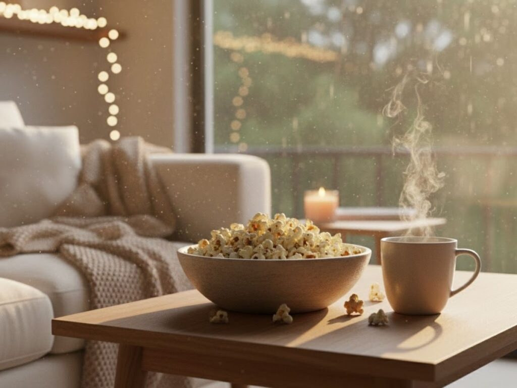 Bowl of popcorn and a steaming mug on a wooden coffee table in a cozy, sunlit room.