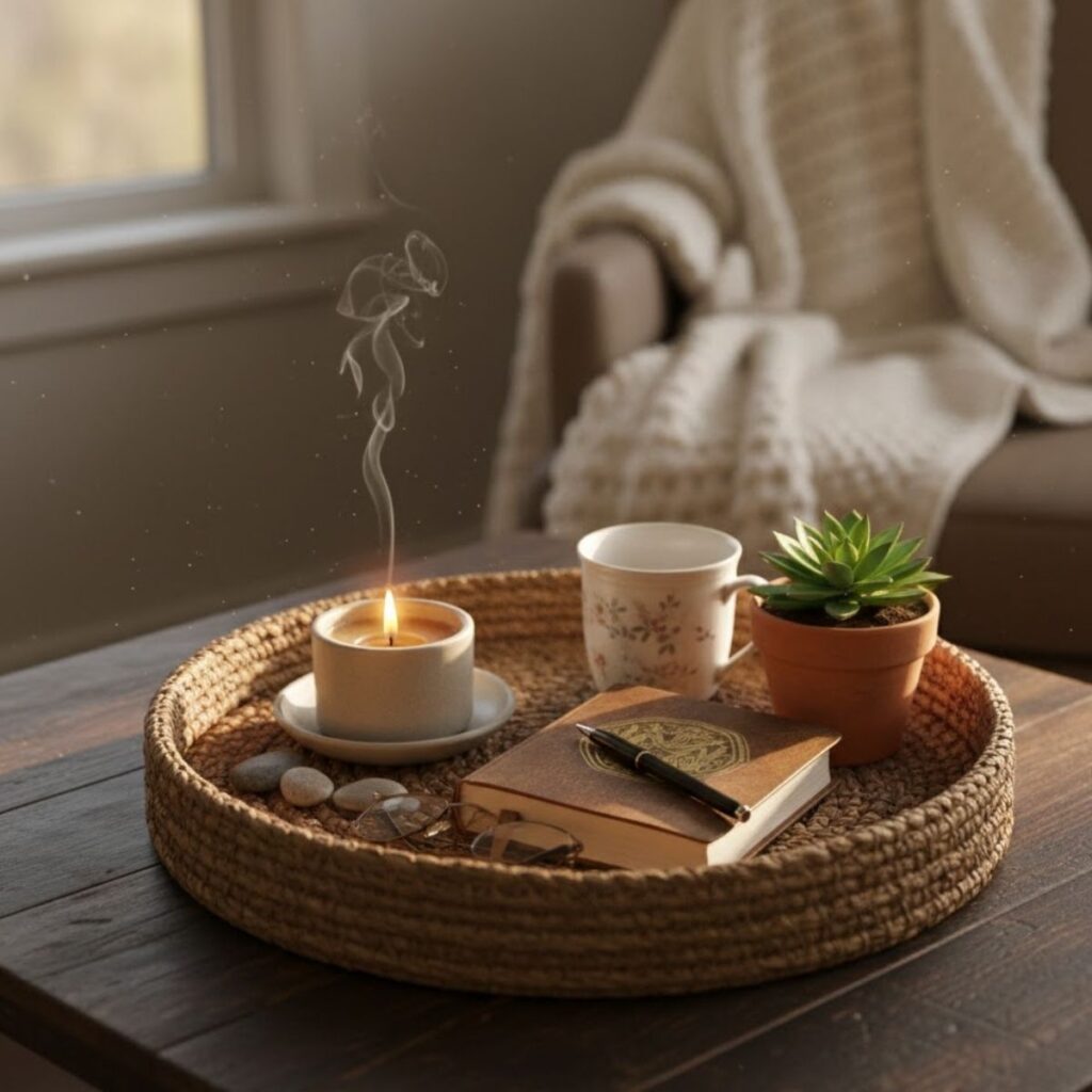 A cozy tray with a lit candle, journal, mug, and succulent on a wooden table
