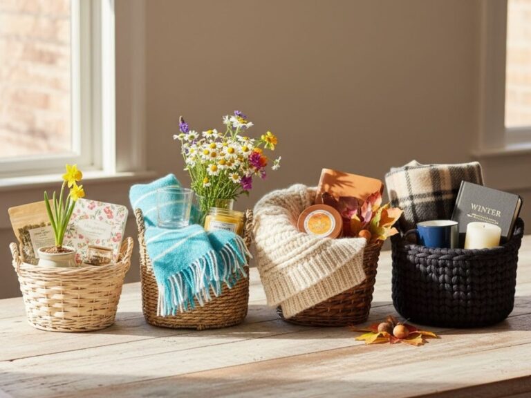 Four seasonal gift baskets filled with blankets, flowers, and candles on a wooden table