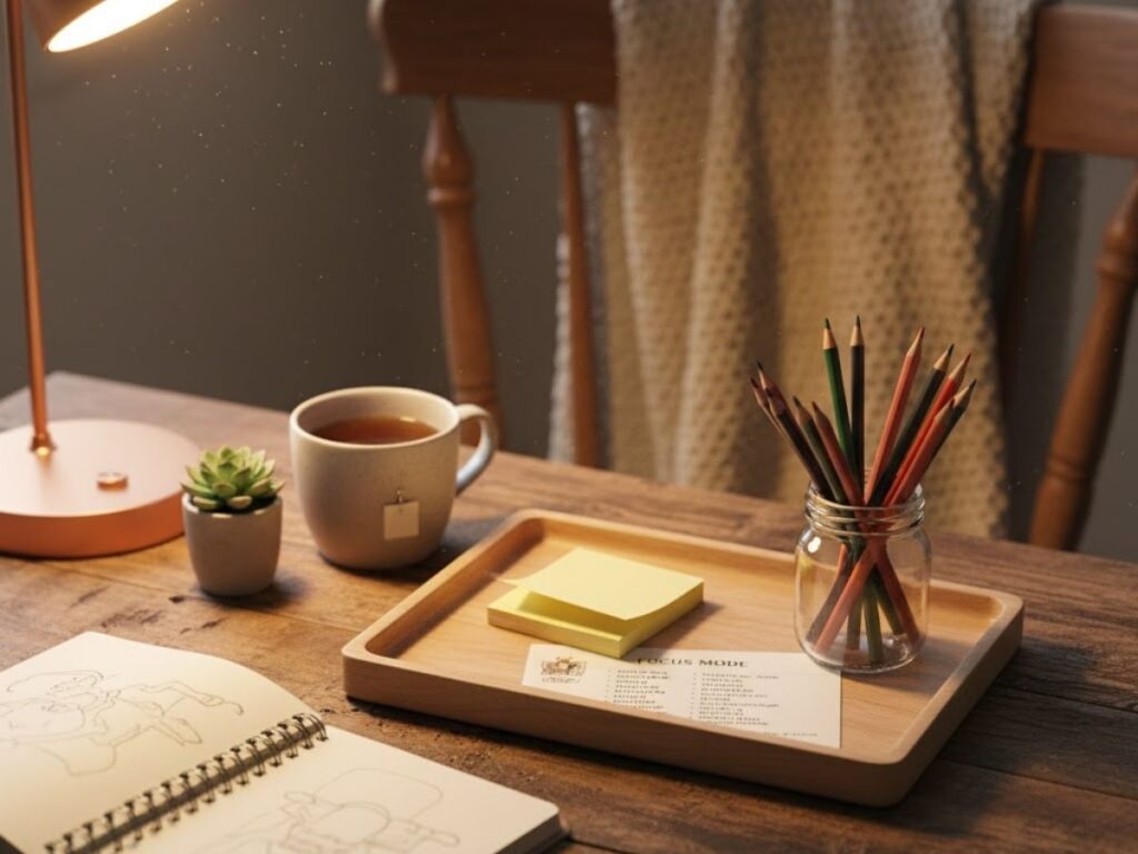 A desk with a lamp, tea, drawing notebook, and a tray holding colored pencils and sticky notes
