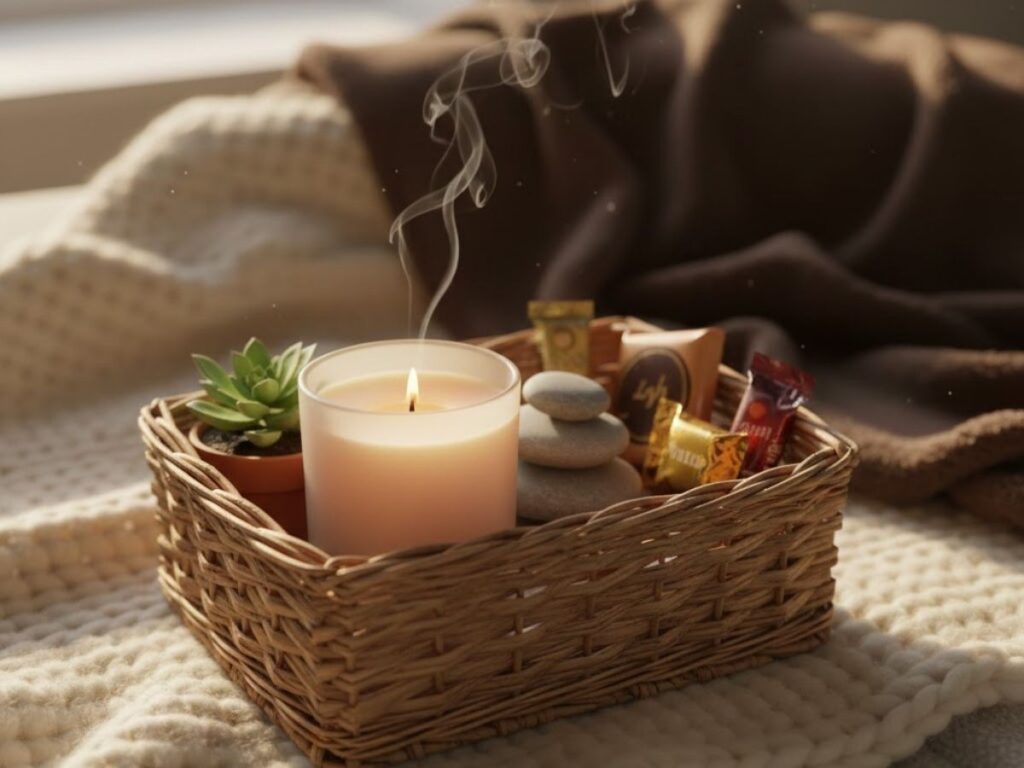 A woven basket on a knit blanket holding a lit candle, stacked stones, and a succulent