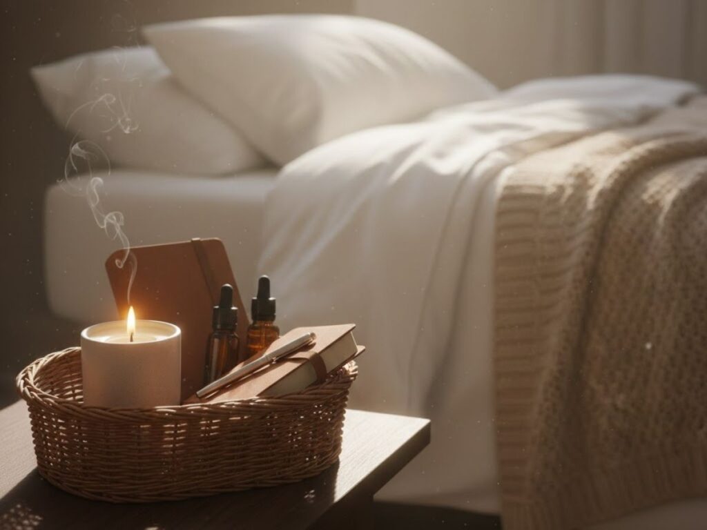 A basket on a bedside table containing a lit candle, journals, and essential oil bottles