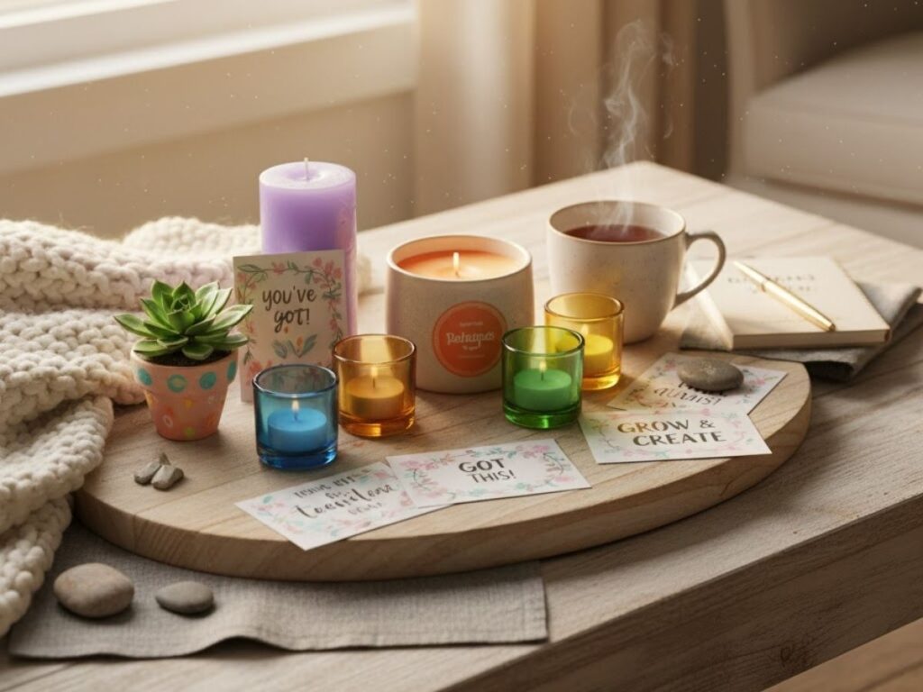 A wooden platter with various lit candles, affirmation cards, a succulent, and a mug of tea