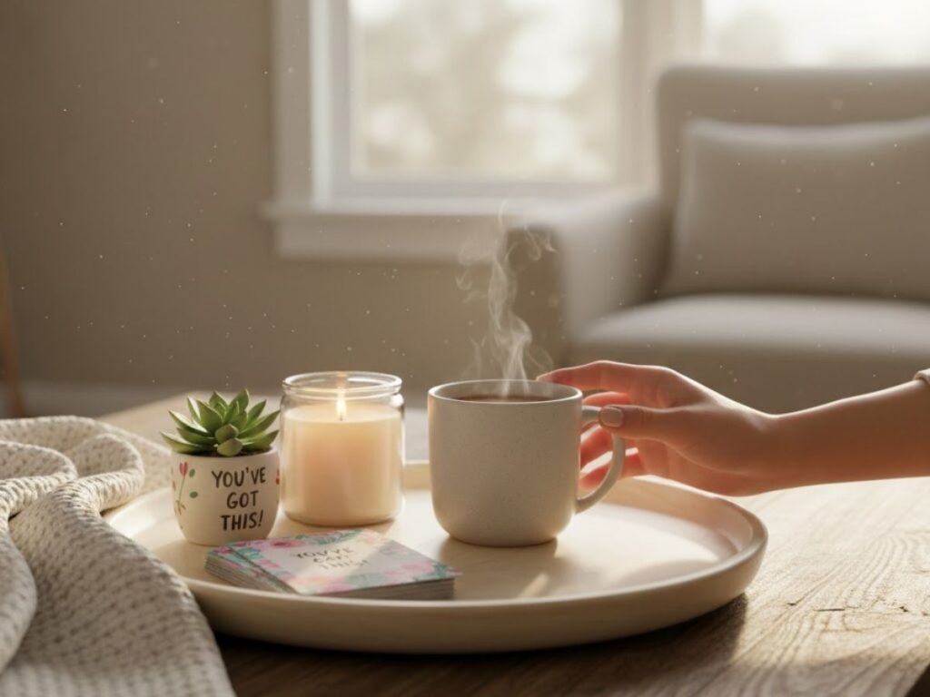 A hand reaching for a steaming mug on a tray with a candle and small succulent