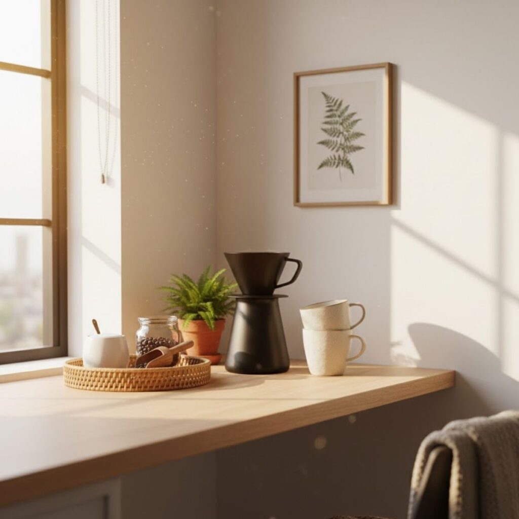 A sunlit coffee station featuring a black pour-over carafe, stacked ceramic mugs, and a woven tray with coffee beans