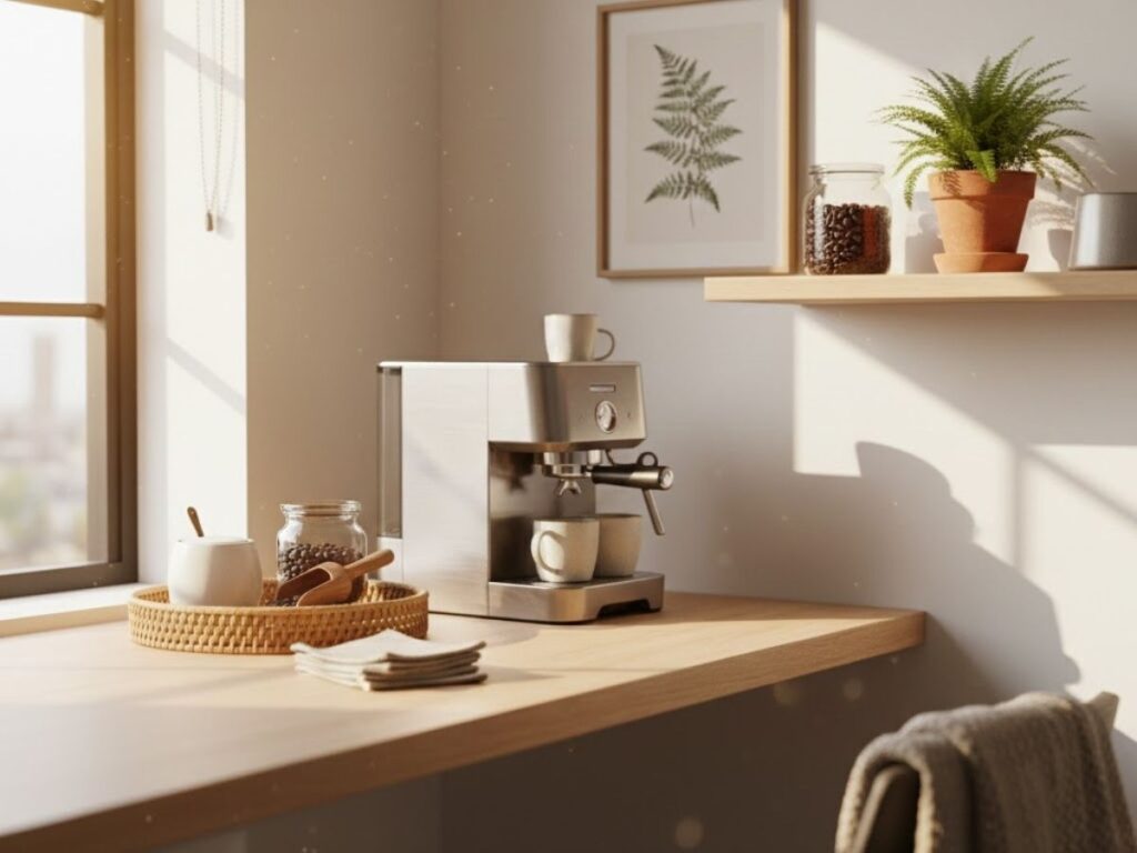 A modern espresso machine on a wooden counter next to a window, with coffee beans and ceramic mugs