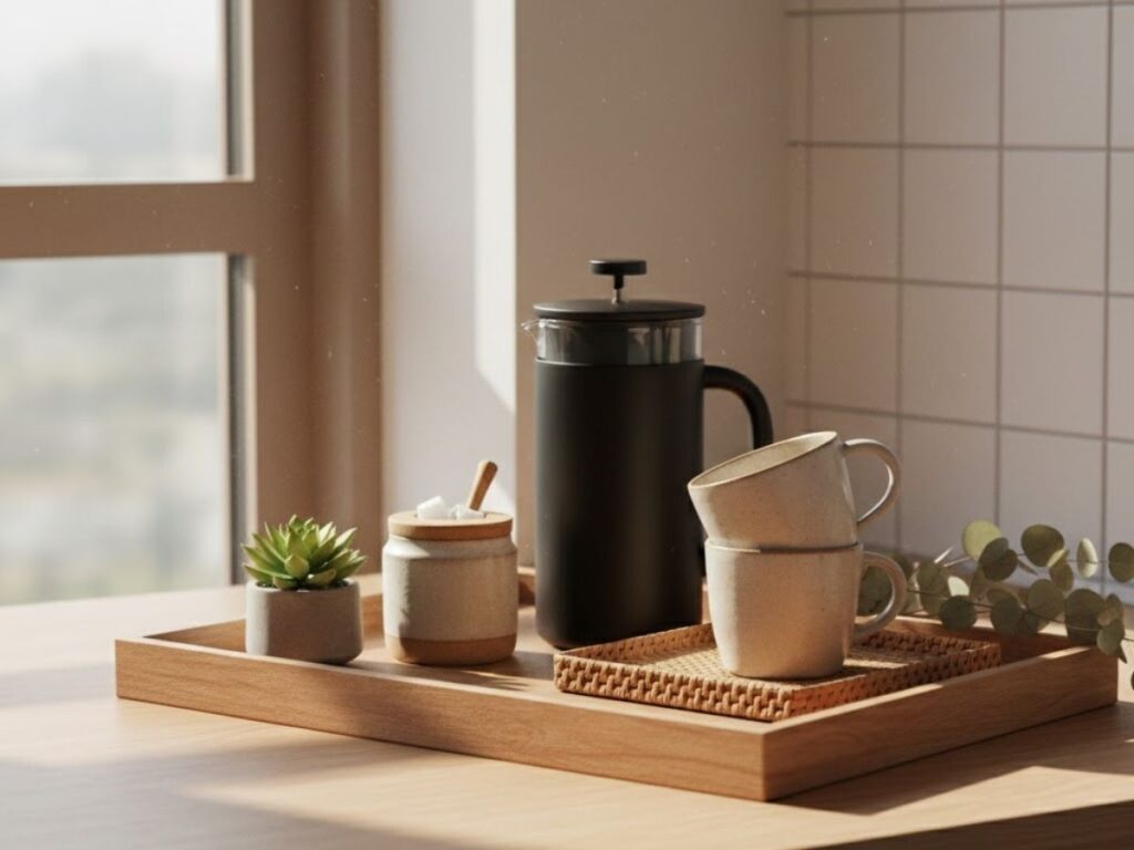 A black French press, stacked ceramic mugs, and a small succulent arranged on a wooden tray by a window