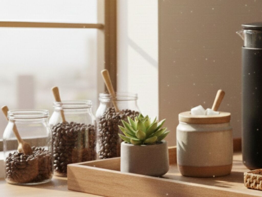 Three glass jars of coffee beans with wooden scoops next to a small succulent and sugar jar