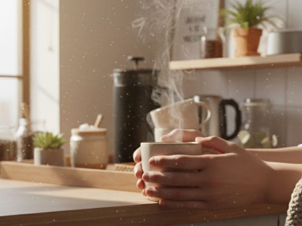 Hands holding a steaming ceramic mug at a minimalist wooden table set with a French press and coffee jars in the background