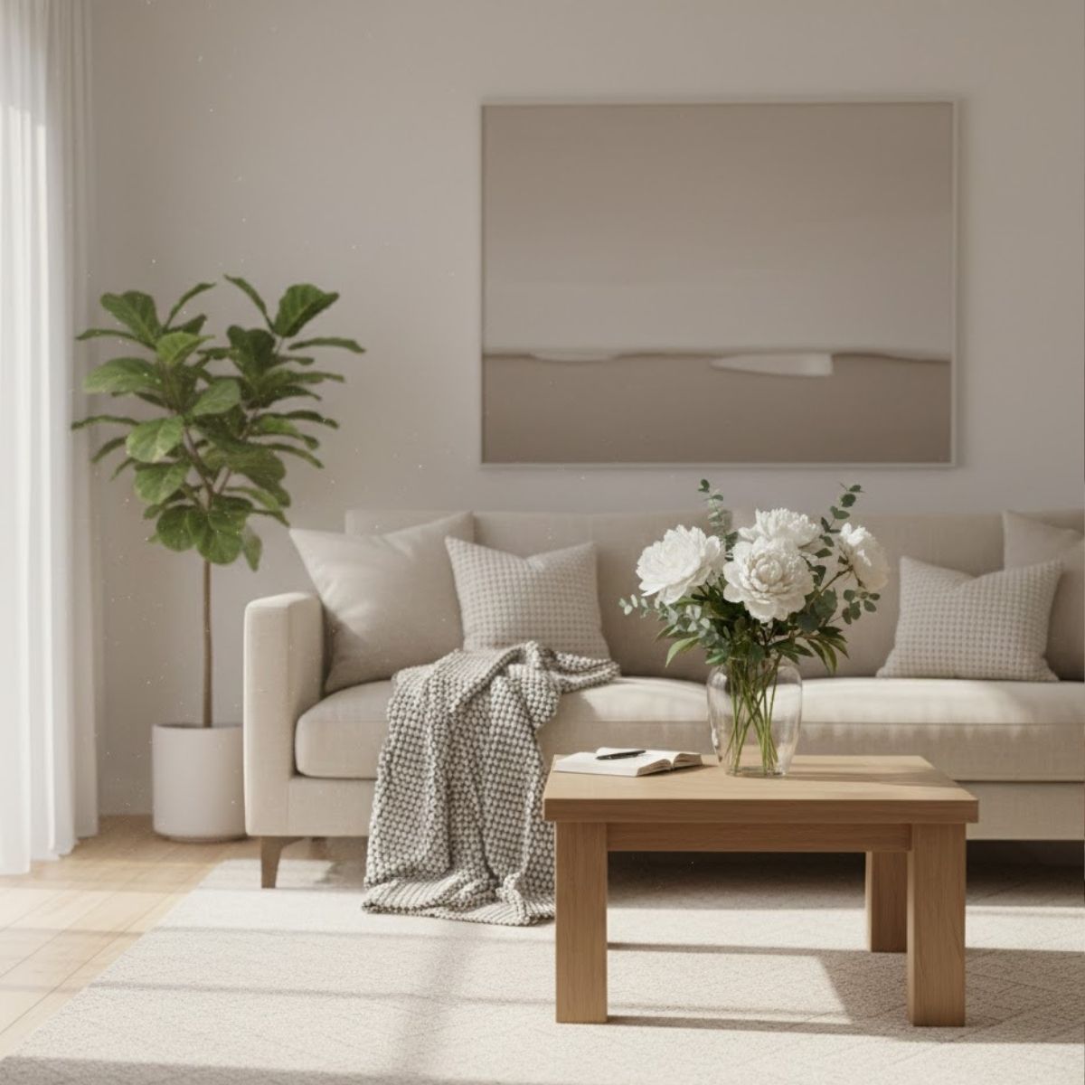 Close-up of a large fiddle-leaf fig plant next to a beige sofa in a modern room.