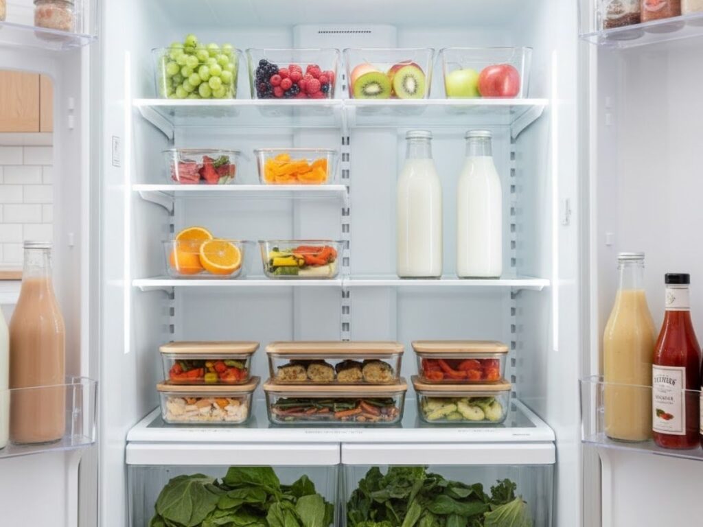 Open refrigerator with organized shelves of fresh produce, glass containers of prepped meals and fruit, and bottles of milk and beverages.