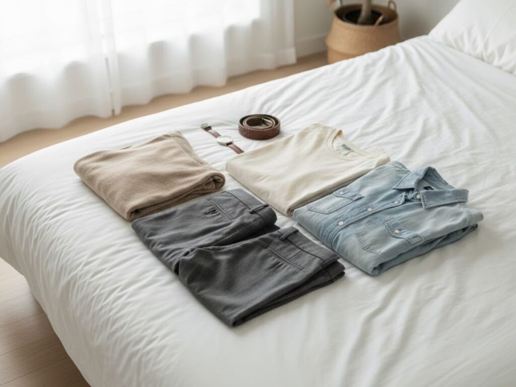 Neutral-toned clothes including a folded beige sweater, cream t-shirt, gray pants, and light blue denim shirt—are neatly laid out on a white bedspread, next to a leather watch and belt.