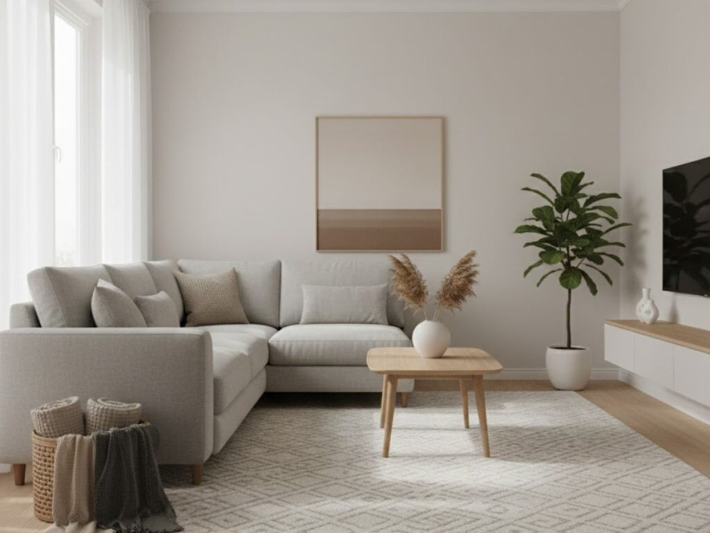 Bright and minimal living room with a light gray sectional sofa, a square wooden coffee table with a white vase and dried grasses, and a potted fiddle-leaf fig plant.