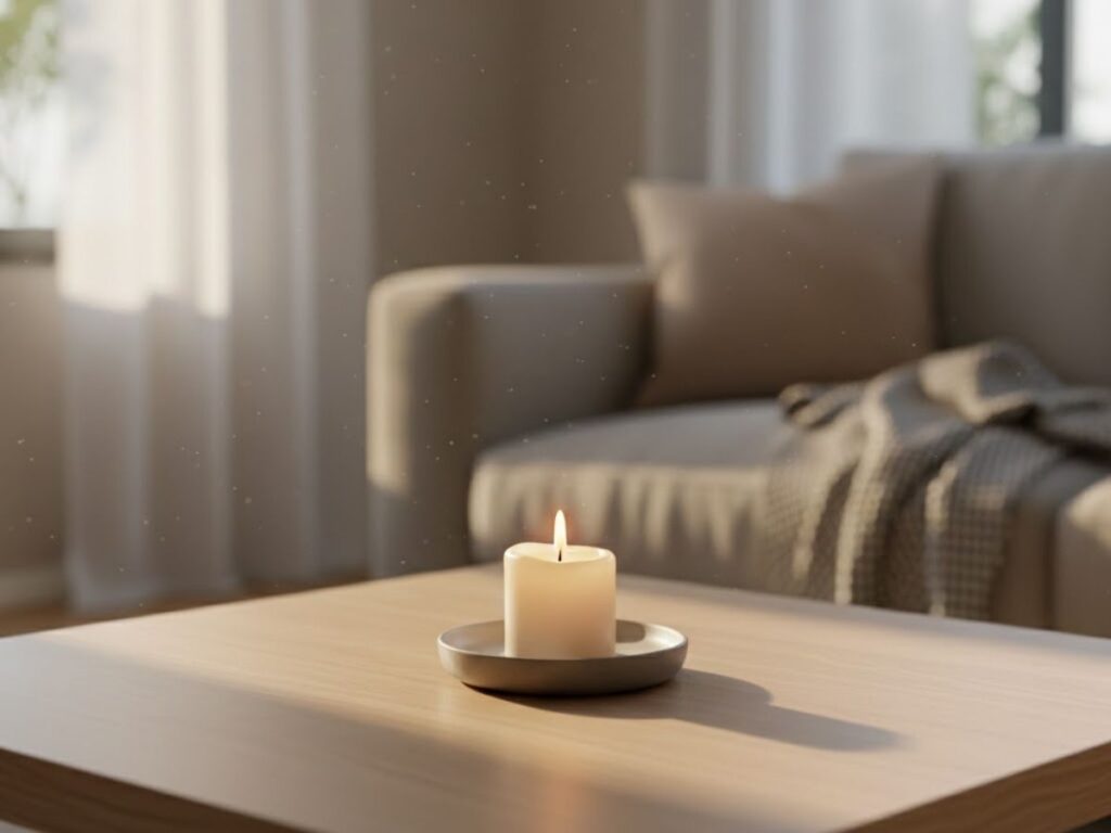 Lit candle on a coffee table in a cozy, sunlit living room.