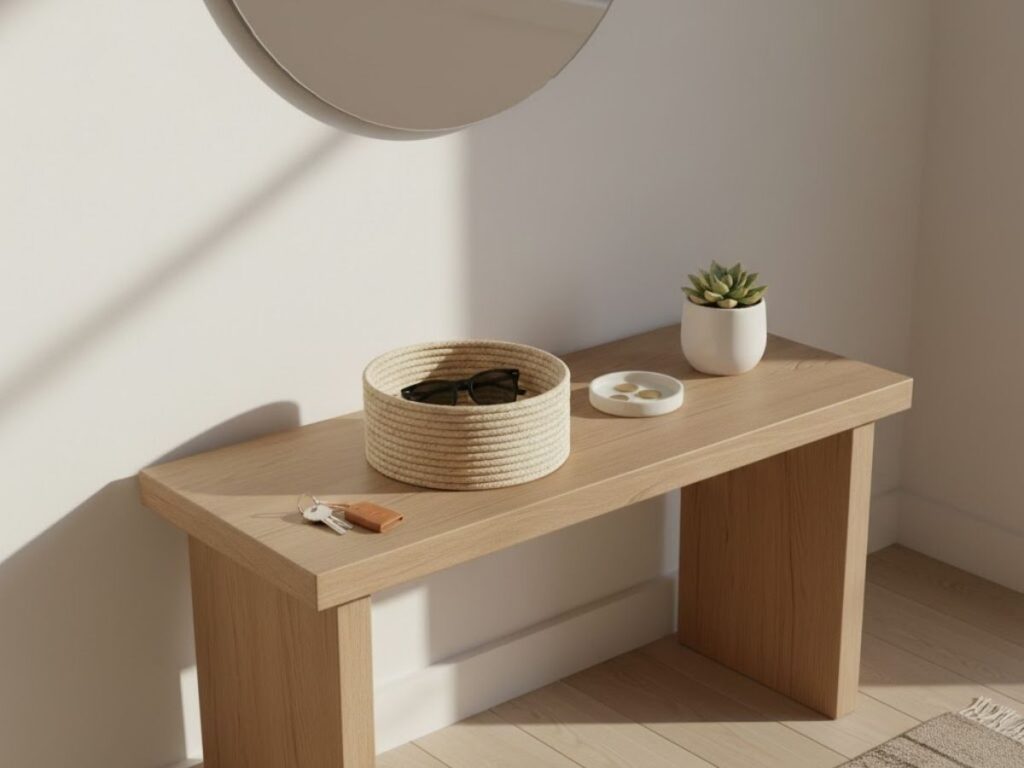 Modern wood entryway bench with a coiled rope basket holding sunglasses, a small succulent, and keys next to a round mirror.