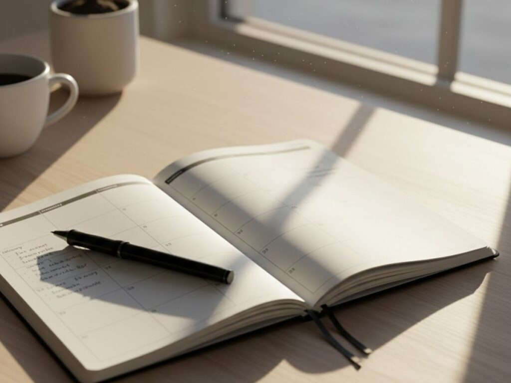Open daily planner with handwritten notes and a pen next to a cup of coffee and plant by a sunny window