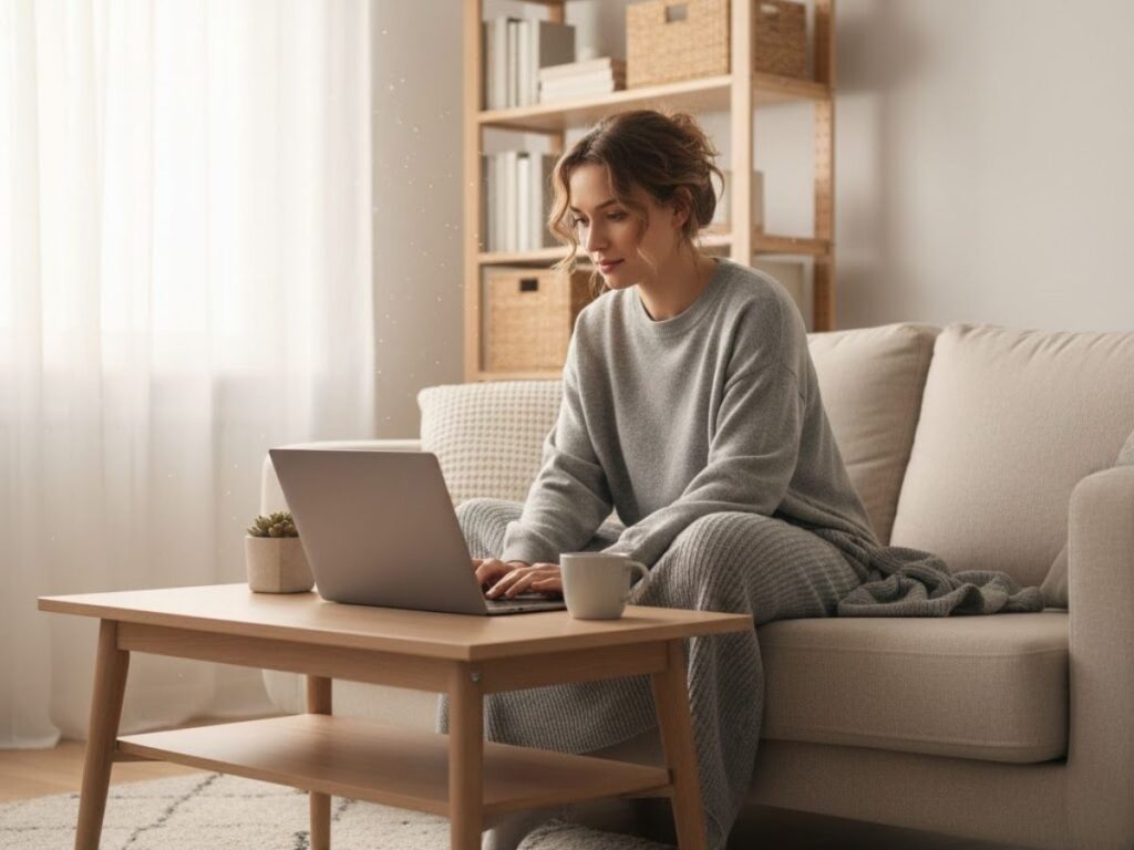 Woman in cozy grey loungewear sitting on a sofa, working on a laptop on a light wood coffee table.