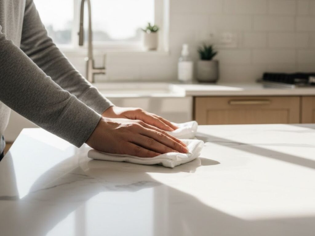 Close-up of a person wiping a white kitchen countertop with a white cloth.