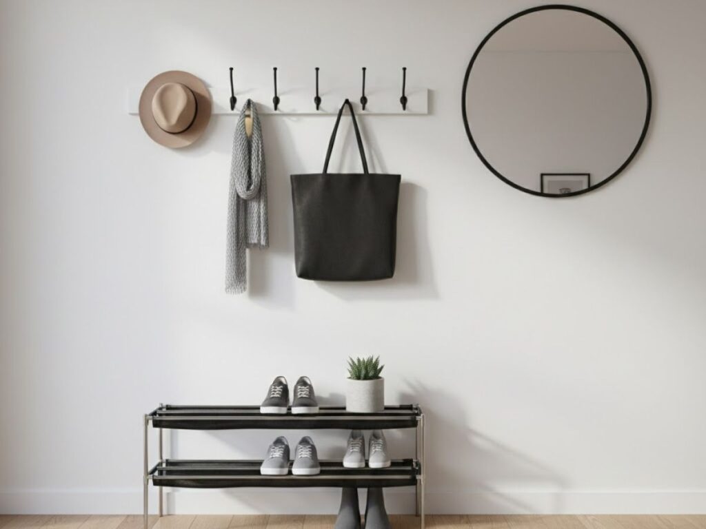 Entryway with black and white wall hooks holding a hat, scarf, and tote bag above a two-tier shoe rack and a round mirror.