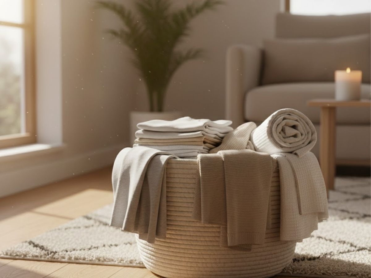 Rope woven basket filled with neatly folded light-colored throw blankets and towels.