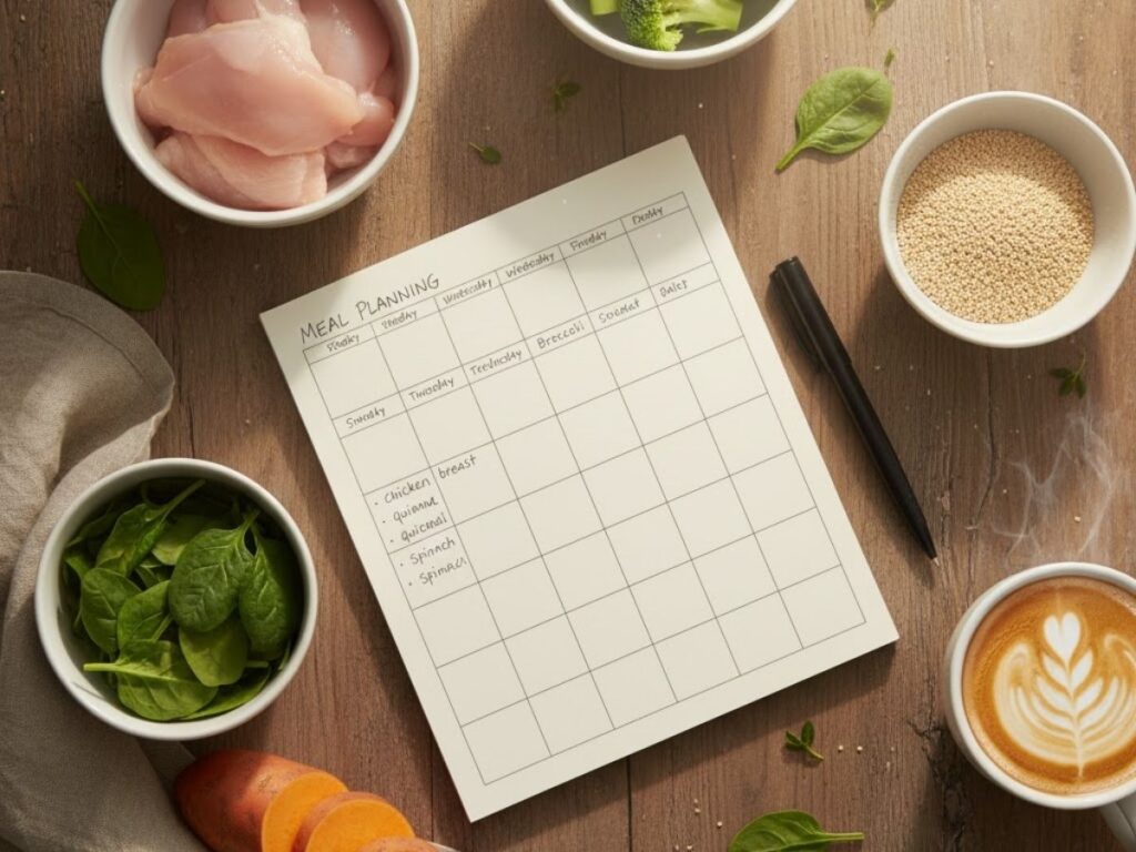 Overhead shot of a meal planning sheet surrounded by raw ingredients like chicken, broccoli, spinach, sweet potato, and quinoa.